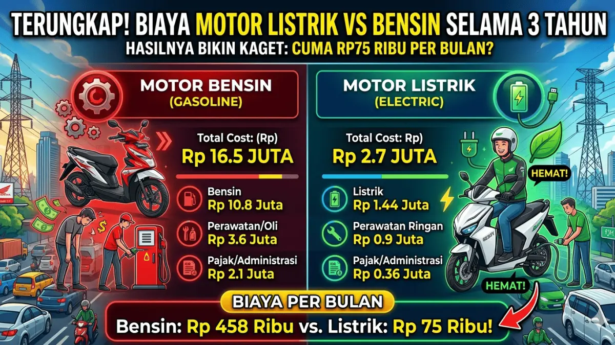 Terungkap! Biaya Motor Listrik vs Bensin Selama 3 Tahun, Hasilnya Bikin Kaget: Cuma Rp75 Ribu per Bulan? (gemini ai)