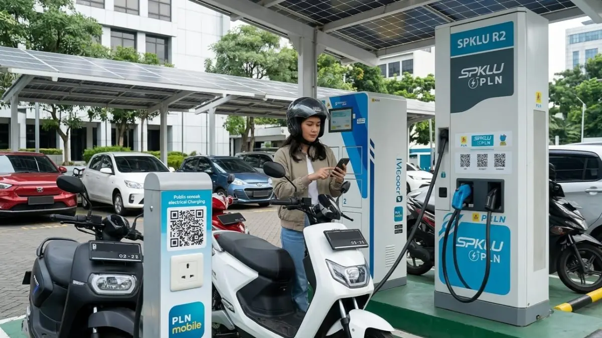 Cara cas motor listrik di SPKLU R2 PLN kini mudah pakai PLN Mobile, cukup scan QR dan isi kWh langsung dari aplikasi.