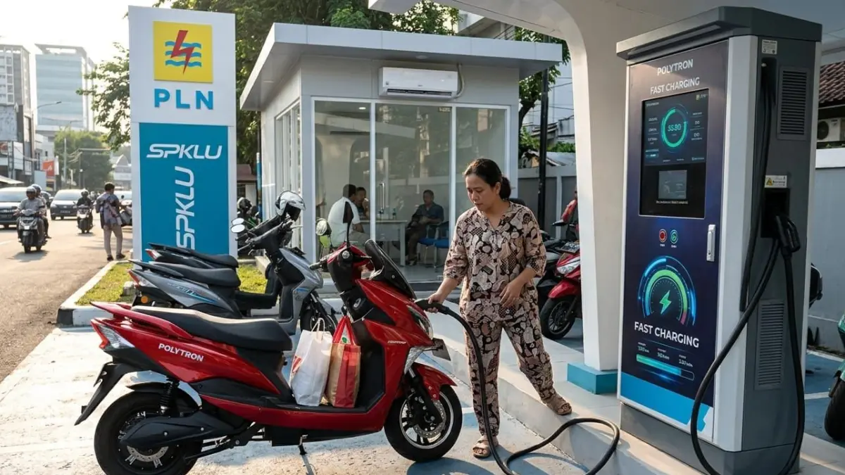 Fast charging 30 amp motor listrik Polytron isi baterai dari 22% ke 94% hanya 1 jam di SPKLU PLN. Solusi cepat anti lama!