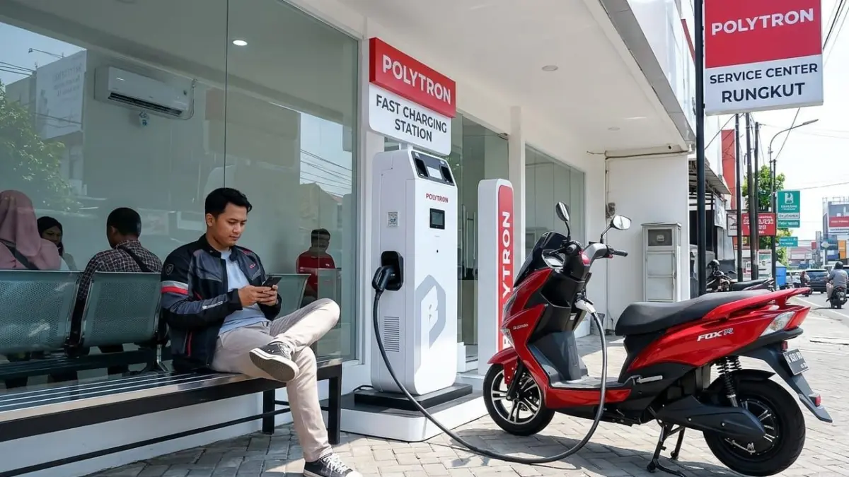 Fast charging Polytron di Rungkut mampu isi baterai motor listrik hingga 70% dalam 1 jam, solusi praktis meski masih terbatas.