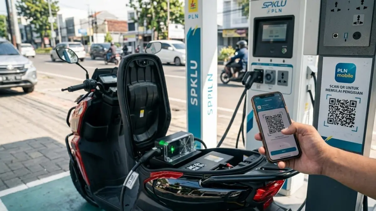 Cara cas motor listrik di SPKLU PLN kini mudah, cukup scan QR code di PLN Mobile dan isi daya langsung.