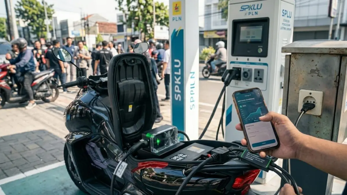 Cara cas motor listrik di SPKLU PLN pakai Charge.IN, cukup beli kWh seperti token listrik lalu langsung charging.