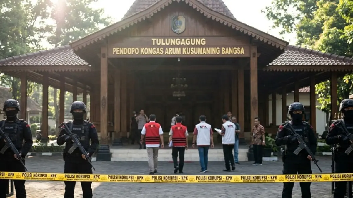 OTT KPK Tulungagung 2026 berlanjut, KPK geledah pendopo dan rumah bupati, sita dokumen surat mundur sebagai bukti (Gemini AI).