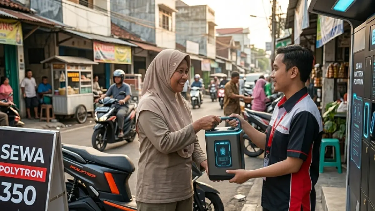 Cara sewa baterai Polytron Fox 350 agar murah dengan strategi hemat biaya bulanan motor listrik. (GEMINI AI)