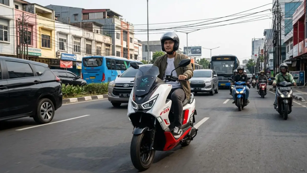 Jarak tempuh Polytron Fox 350 tembus 100 km di mode D. Ini hasil tes nyata di jalan kota dengan baterai dan performa impresif.