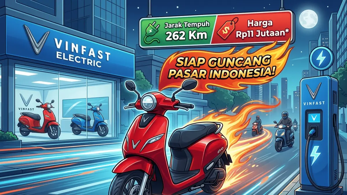 Motor listrik VinFast Evo 2026 harga Rp11 jutaan, jarak 262 km, fitur canggih dan swap baterai siap guncang pasar Indonesia. (Gemini AI)
