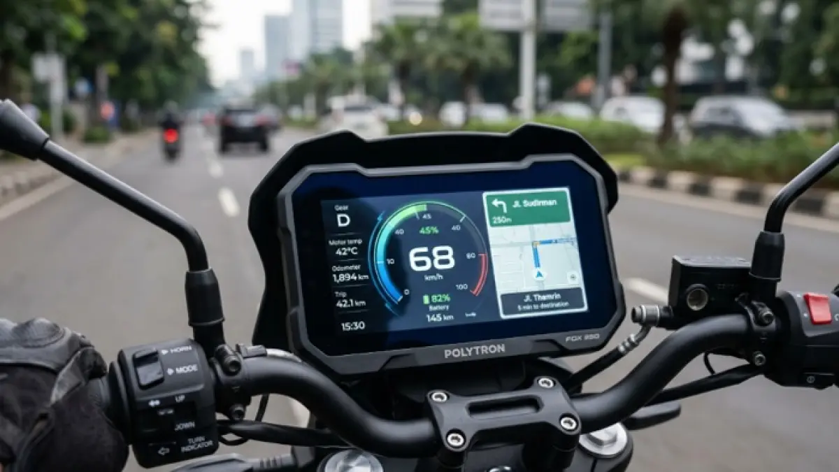 Polytron Fox 350 hadir dengan jarak 130 km, fitur canggih, dan desain premium. Motor listrik ini langsung jadi sorotan. Ilustrasi Gemini AI