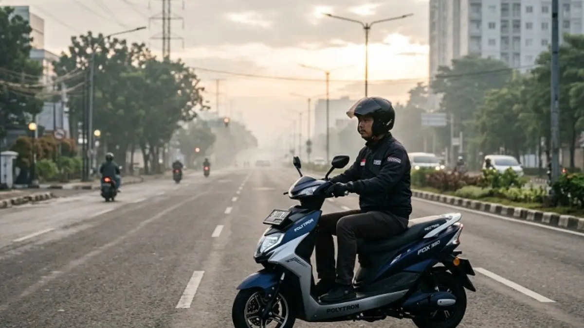 Polytron Fox 350 touring Bogor Bandung tembus 158 km, sisa baterai 36%. Uji nyata motor listrik di jalur ekstrem Puncak ! Ilustrasi Gemini AI