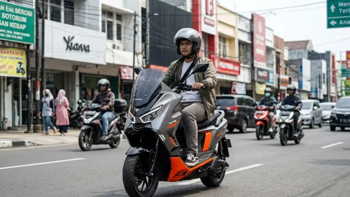 Touring Polytron Fox 350 Bogor-Bandung tembus 158 km dengan sisa baterai 36 persen, uji performa motor listrik di medan tanjakan. Ilustrasi Gemini AI