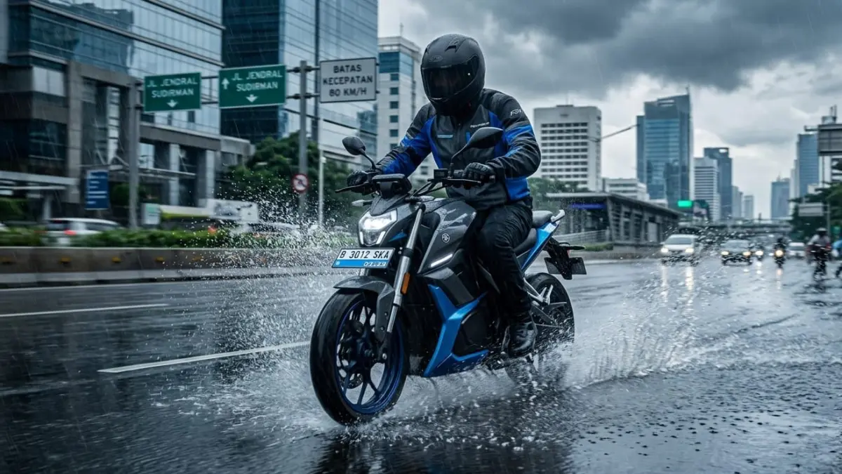 Motor listrik tercepat di Indonesia tembus 95 km/jam dengan plat biru. Performa kencang tetap stabil meski hujan!