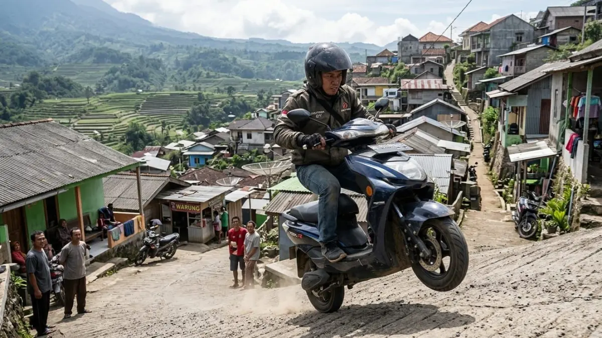 Polytron Fox A sukses libas tanjakan ekstrem viral tanpa hambatan. Bukti motor listrik kuat di medan curam!