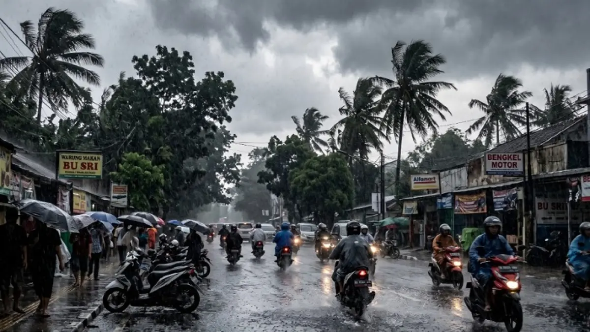 Update cuaca BMKG 28 April 2026: hujan lebat hingga sangat lebat ancam Jawa Barat, NTT, dan Maluku. Simak wilayah lengkapnya (GemininAI)