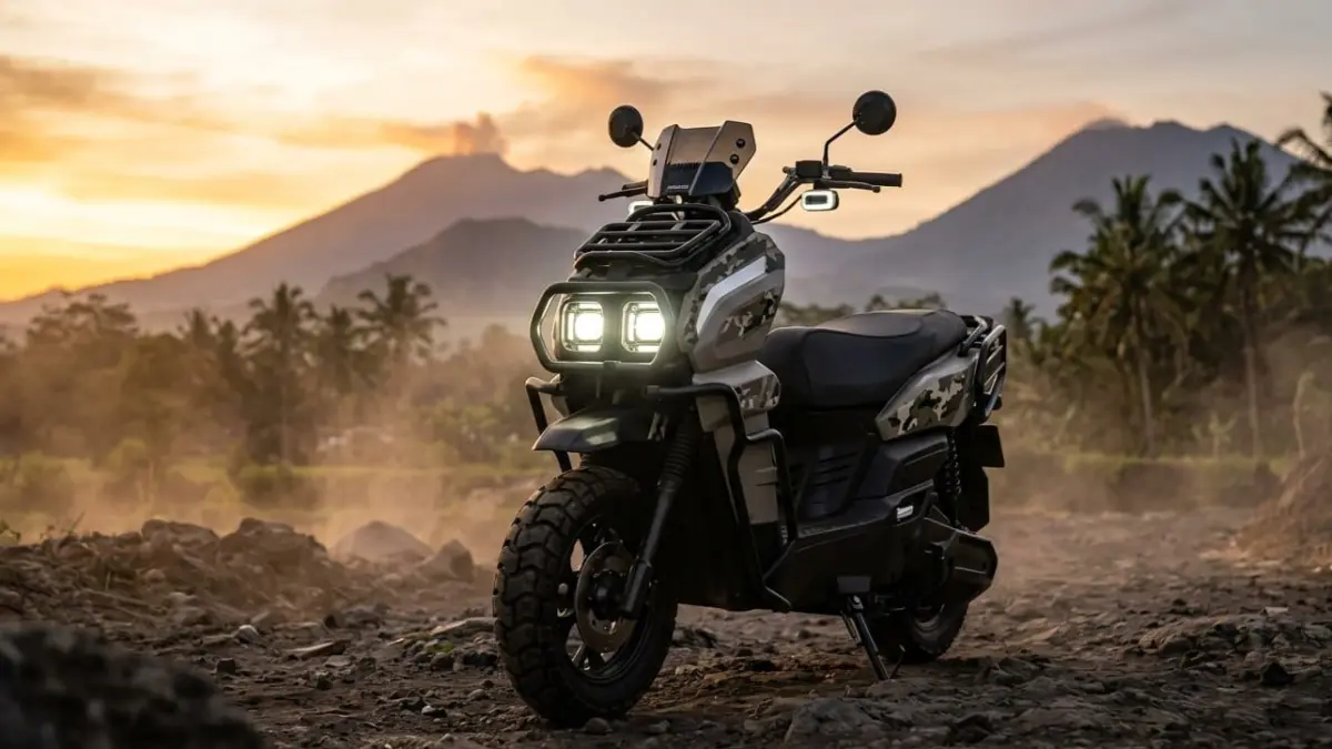 Review Indomobil E-Motor Tirano: motor listrik bergaya ADV dengan fitur touchscreen, Android Auto, dan performa mendekati motor bensin.