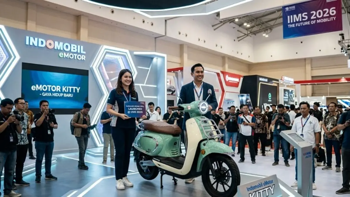 Indomobil eMotor Kitty resmi meluncur di IIMS 2026, hadir dengan fitur NFC dan jarak tempuh 130 Km. (Ilustrasi Gemini AI)