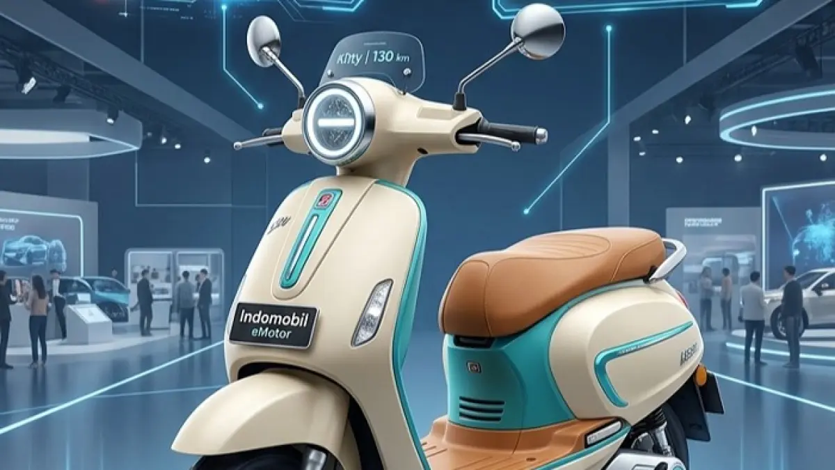Indomobil eMotor QT meluncur di IIMS 2026 dengan fitur NFC, jarak tempuh 135 km, harga mulai Rp15 juta. (Ilustrasi Gemini AI)