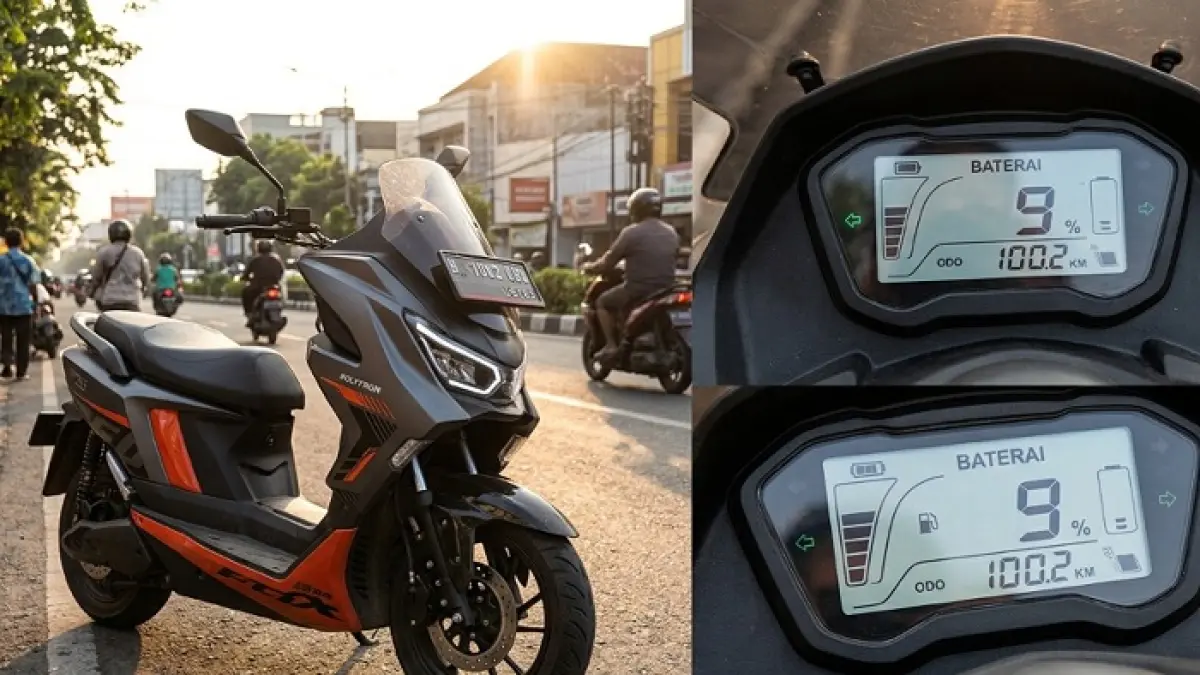 Polytron Fox 350 sukses tempuh 70 Km Bogor-Puncak tanpa cas, baterai masih 29 persen. (Ilustrasi Gemini AI)