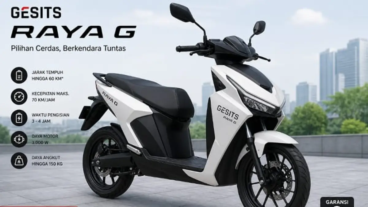 Gesit Raya G motor listrik murah hadir dengan jarak tempuh lebih jauh, spesifikasi lengkap, dan harga Rp27 jutaan.(Gemini AI)