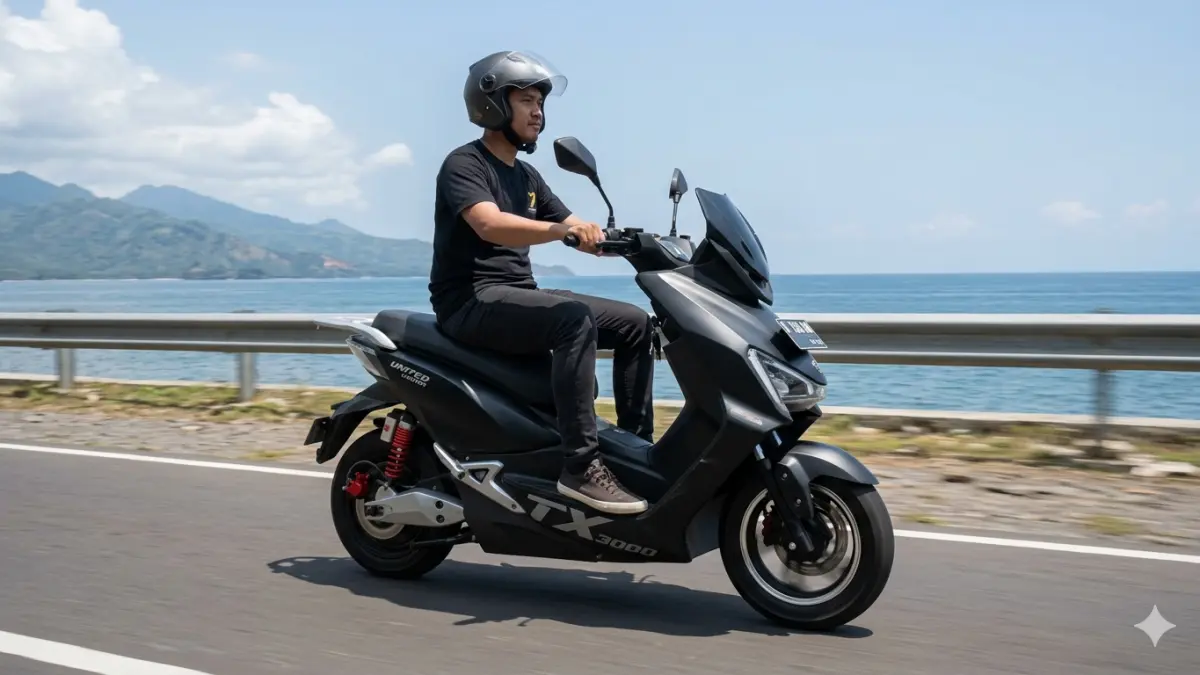 Review United TX3000 motor listrik, TKDN 57 persen, jarak 120 km, fitur modern dan harga setelah subsidi mulai Rp42 jutaan. (Gemini AI)