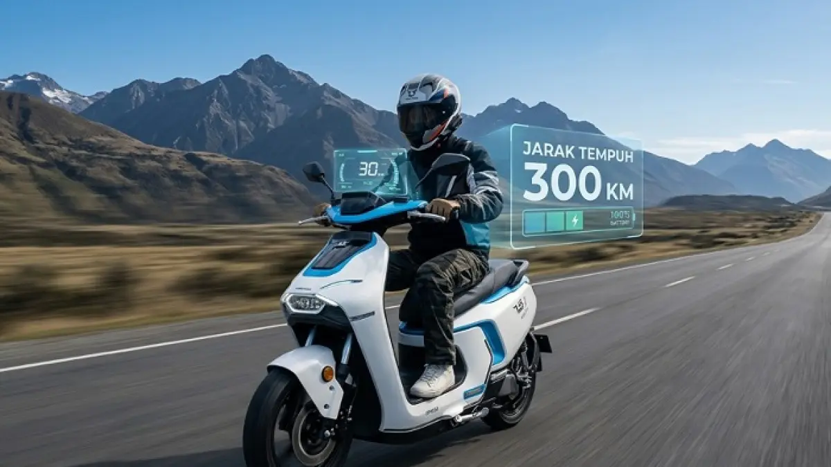Motor listrik Zongsen S5 diklaim mampu menempuh 300 Km dengan teknologi hybrid dan cas cepat 40 menit. (Ilustrasi Gemini AI)
