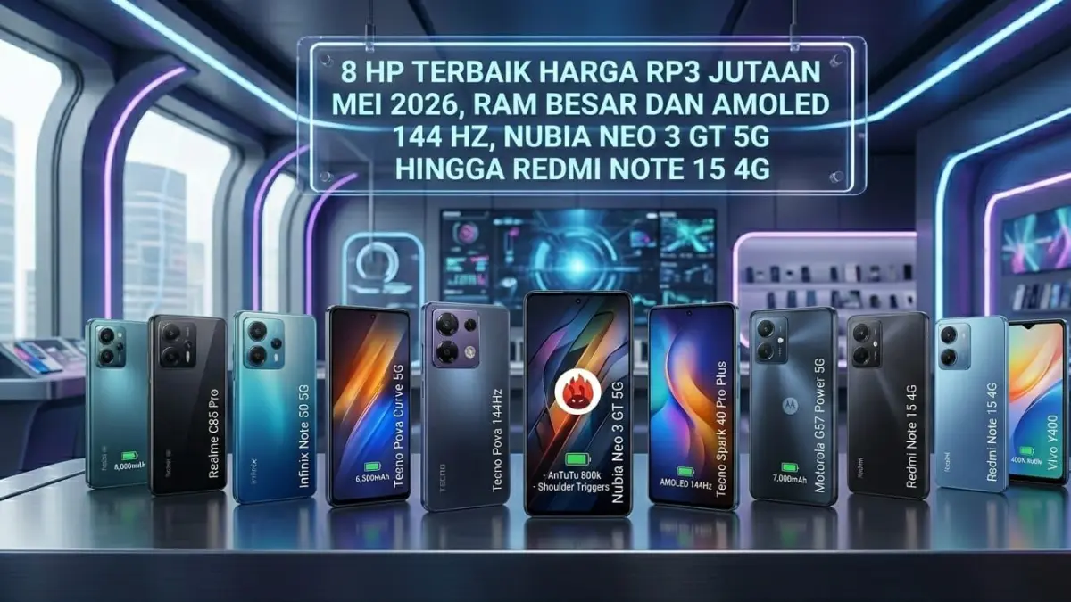 8 HP terbaik harga Rp3 jutaan Mei 2026 hadir dengan AMOLED 144 Hz, RAM besar, baterai jumbo, dan chipset gaming.
