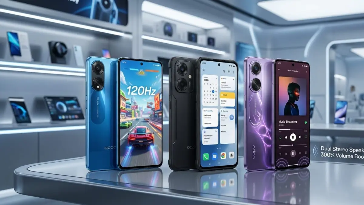 3 HP OPPO Seri A terbaik 2026 hadir dengan performa kencang, layar 120 Hz, speaker stereo, dan desain premium.