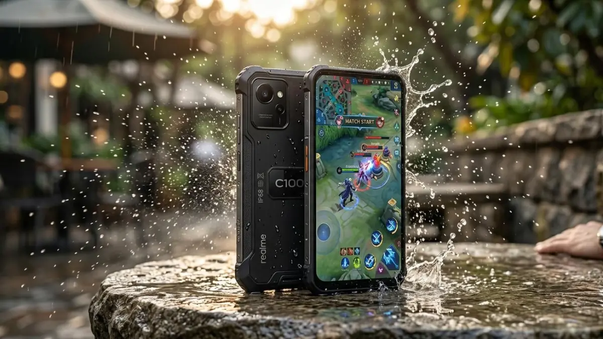 Realme C100 hadir dengan baterai 8000 mAh, military grade, IP69 waterproof, dan gaming 90 FPS. Cocok untuk pengguna aktif.
