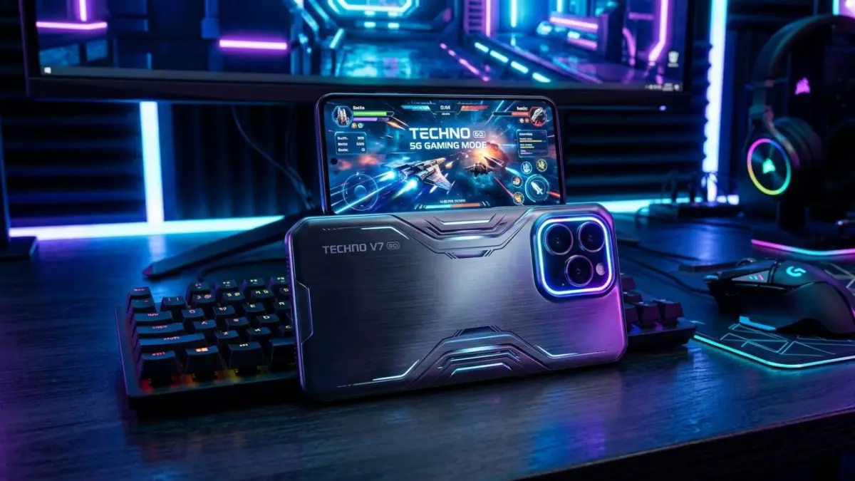 Techno V7 5G hadir dengan desain gaming futuristik, layar 144Hz, kamera 50MP, dan bonus wireless powerbank. Cek spesifikasinya!
