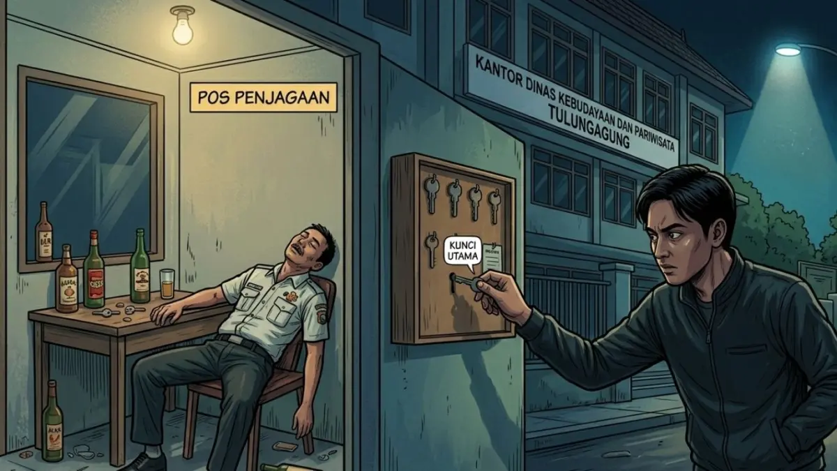 Kantor Disbudpar Tulungagung menjadi sasaran aksi pencurian dengan pemberatan yang dilakukan secara terencana oleh seorang pemuda asal Kecamatan Ngantru.(ILUSTRASI AI)