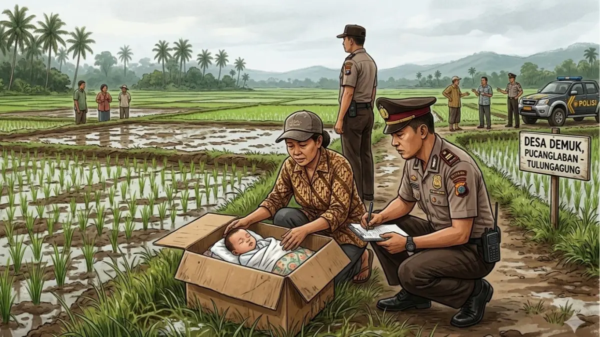  Sesosok bayi laki-laki ditemukan telantar di dalam sebuah kardus di area persawahan Desa Demuk, Kecamatan Pucanglaban, Tulungagung, Kamis (21/5/2026) dini hari.(ILUSTRASI AI)