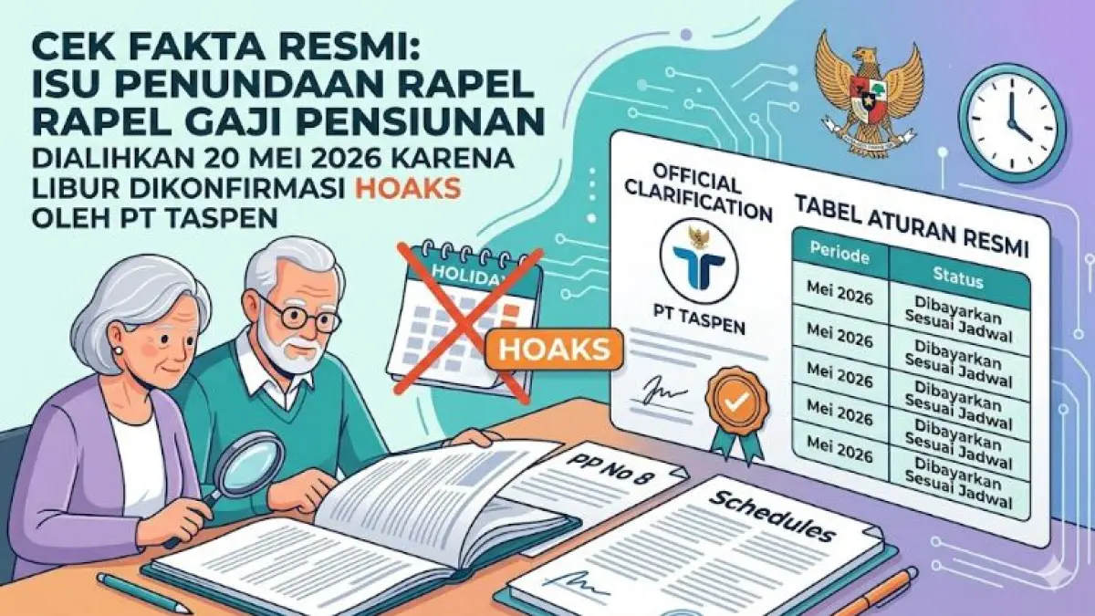 Isu viral rapel gaji pensiunan dialihkan 20 Mei 2026 karena libur dipastikan hoaks oleh PT Taspen. Cek fakta resmi dan tabel aturan di sini. (Gemini Ai)
