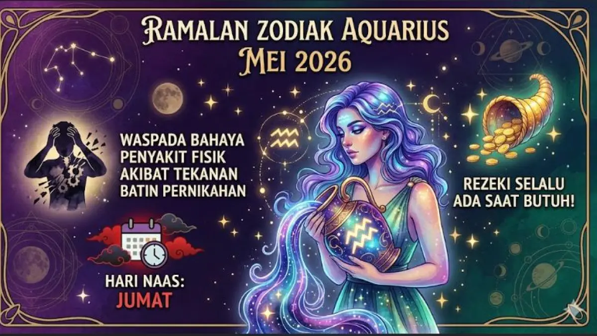 Ramalan zodiak Aquarius Mei 2026 sebut rezeki selalu ada saat butuh! Waspada bahaya penyakit fisik akibat tekanan batin pernikahan dan hari naas Jumat. (Gemini Ai)