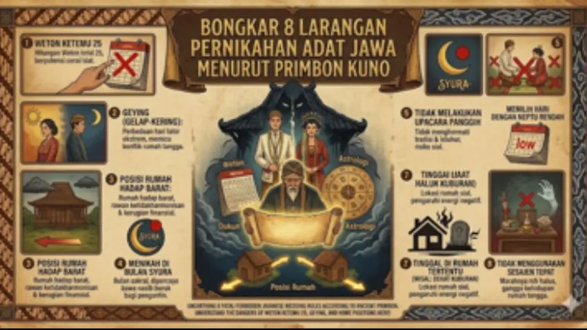Bongkar 8 larangan pernikahan adat Jawa paling fatal menurut primbon kuno. Ketahui bahaya weton ketemu 25, geying, hingga posisi rumah di sini! (Gemini Ai)