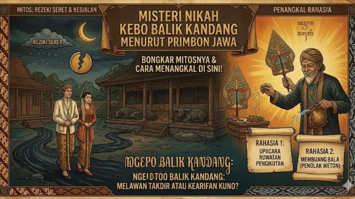Misteri nikah kebo balik kandang menurut primbon Jawa. Bongkar mitos rezeki seret dan 2 cara rahasia menangkal kesialannya di sini! (Gemini Ai)