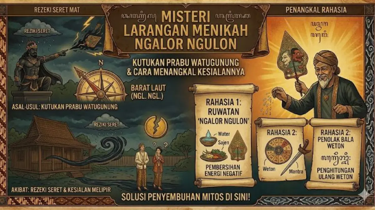 Mitos larangan menikah ngalor ngulon berasal dari kutukan Prabu Watugunung. Simak asal-usul barat laut dan cara tangkal kesialannya di sini!(Gemini Ai)