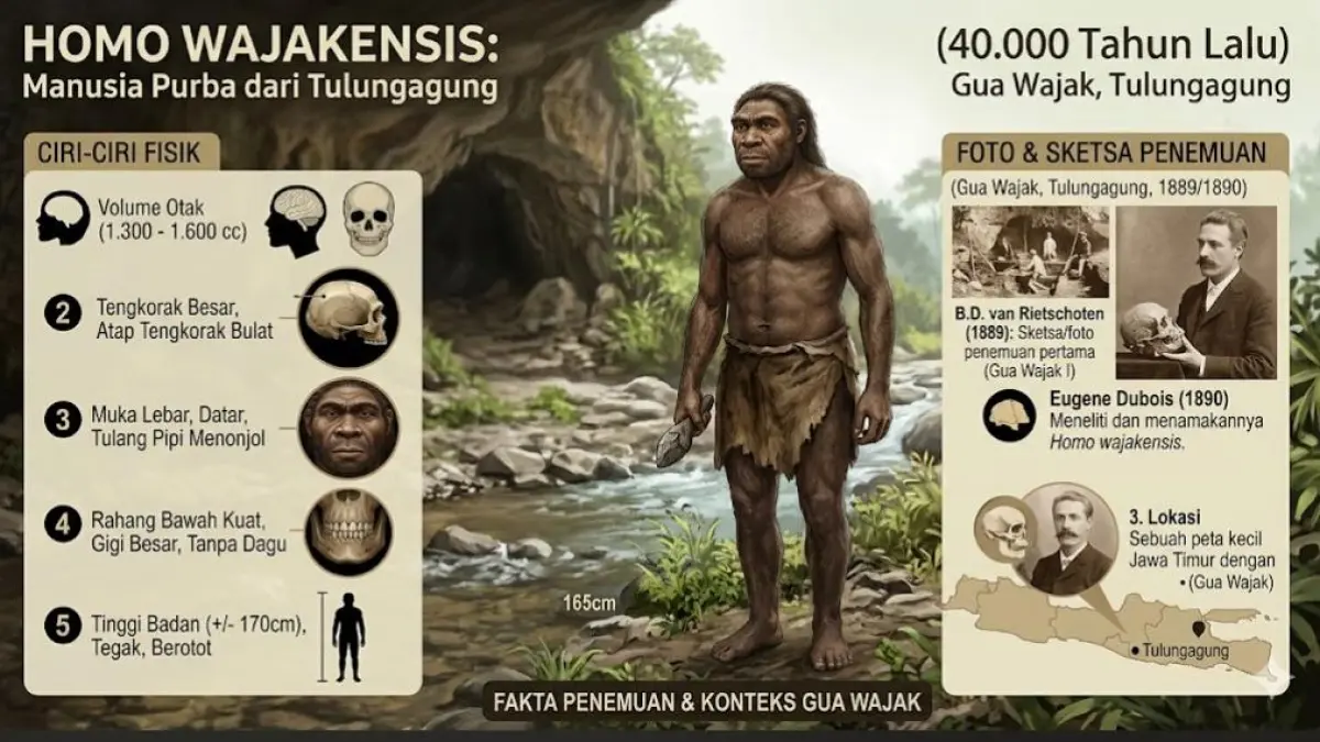 Homo wajakensis adalah manusia purba dari Tulungagung yang hidup 40 ribu tahun lalu. Berikut ciri-ciri dan fakta penemuannya.(gemini AI)
