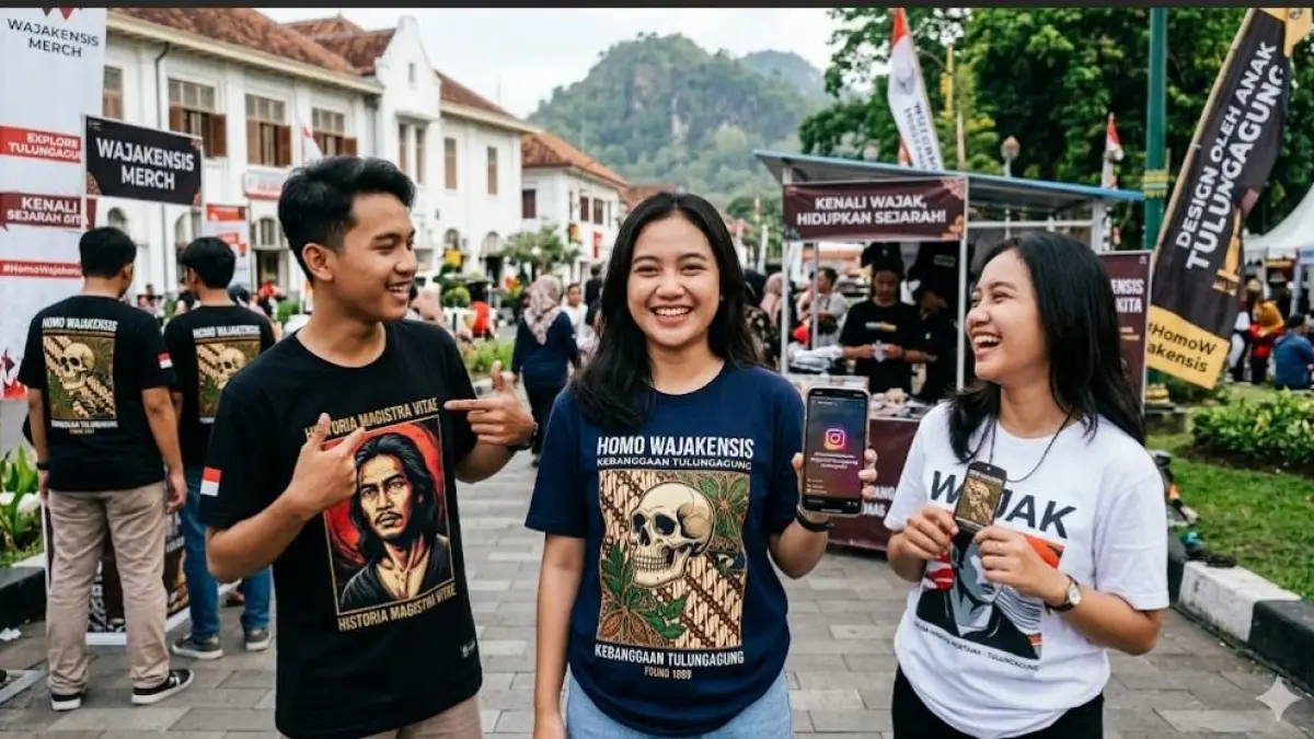 Homo Wajakensis diangkat jadi desain kaos kreatif di Tulungagung, anak muda diajak mengenal sejarah lewat media sosial dan budaya lokal.(GEMINI AI)