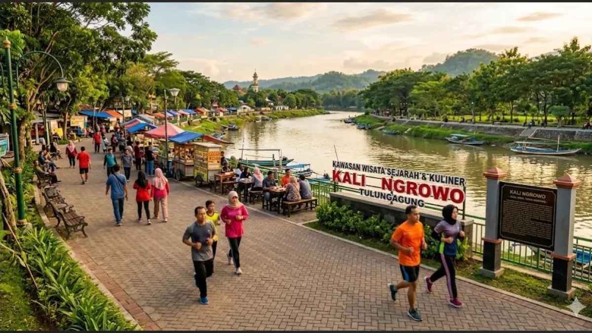 Kali Ngrowo Tulungagung jadi sungai bersejarah asal-usul nama Ngrowo sekaligus lokasi wisata kuliner dan jogging warga.(gemini AI)