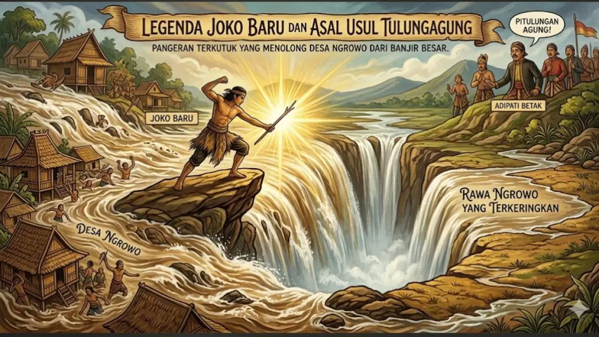 Legenda Joko Baru dan asal usul Tulungagung menceritakan pangeran terkutuk yang menolong Desa Ngrowo dari banjir besar.(gemini AI)