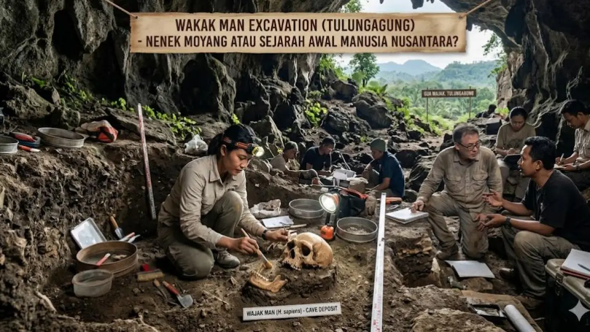 Misteri manusia wajak Tulungagung masih diperdebatkan ilmuwan, dari nenek moyang Homo sapiens hingga sejarah awal manusia Nusantara.(GEMINI AI)