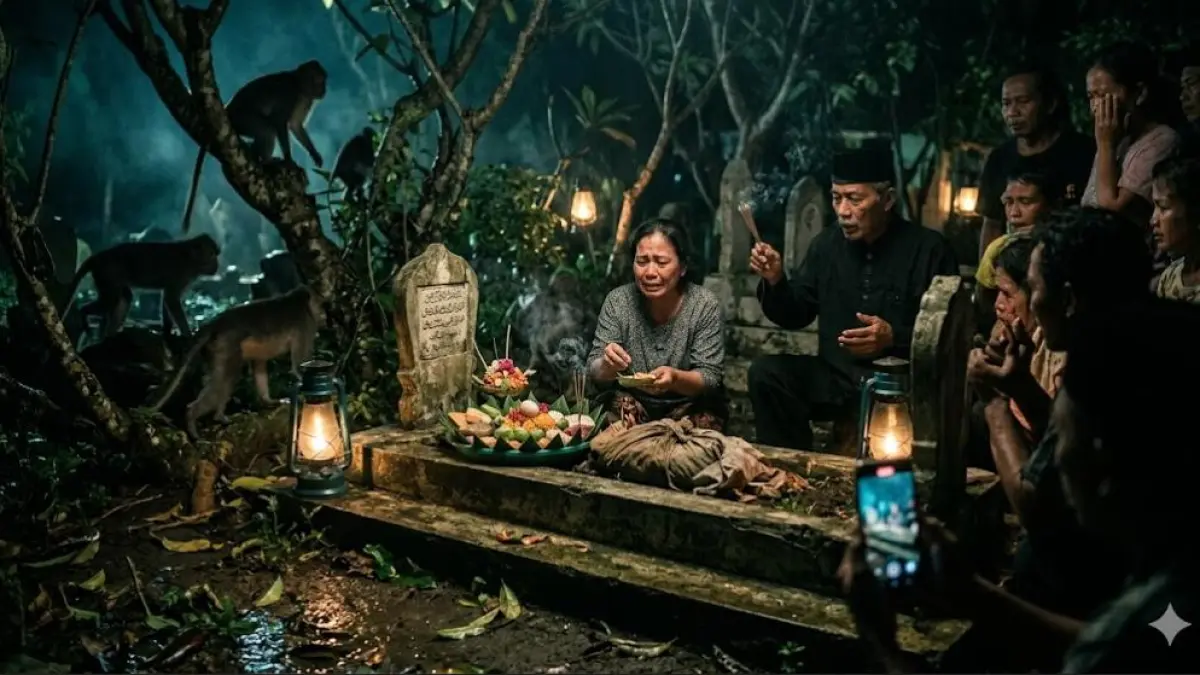 Misteri pesugihan monyet TPU Ngujang Tulungagung viral, dari ritual makam keramat hingga dugaan tumbal kematian Bu Darmi.(GEMINI AI)