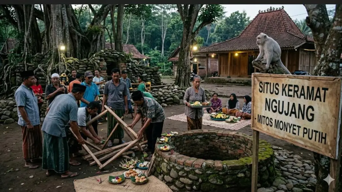 Pesugihan monyet Ngujang Tulungagung kembali viral. Warga bongkar ritual sumur, selamatan, hingga mitos monyet putih pencari kekayaan.(GEMINI AI)