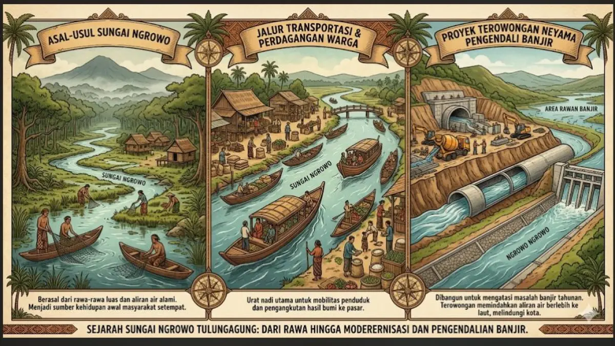 Sejarah Sungai Rowo Tulungagung dari asal-usul Ngrowo, jalur transportasi warga hingga proyek Terowongan Neyama pengendali banjir.(gemini AI)