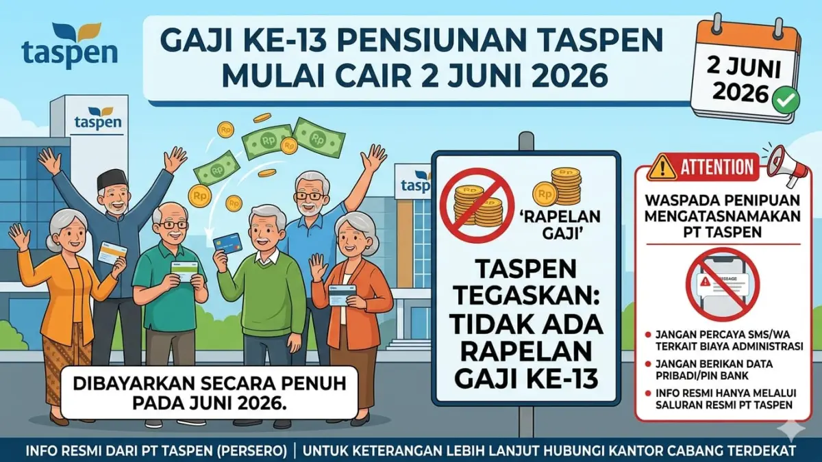 Gaji 13 pensiunan cair mulai 2 Juni 2026. Taspen tegaskan tidak ada rapelan gaji dan minta masyarakat waspada penipuan.