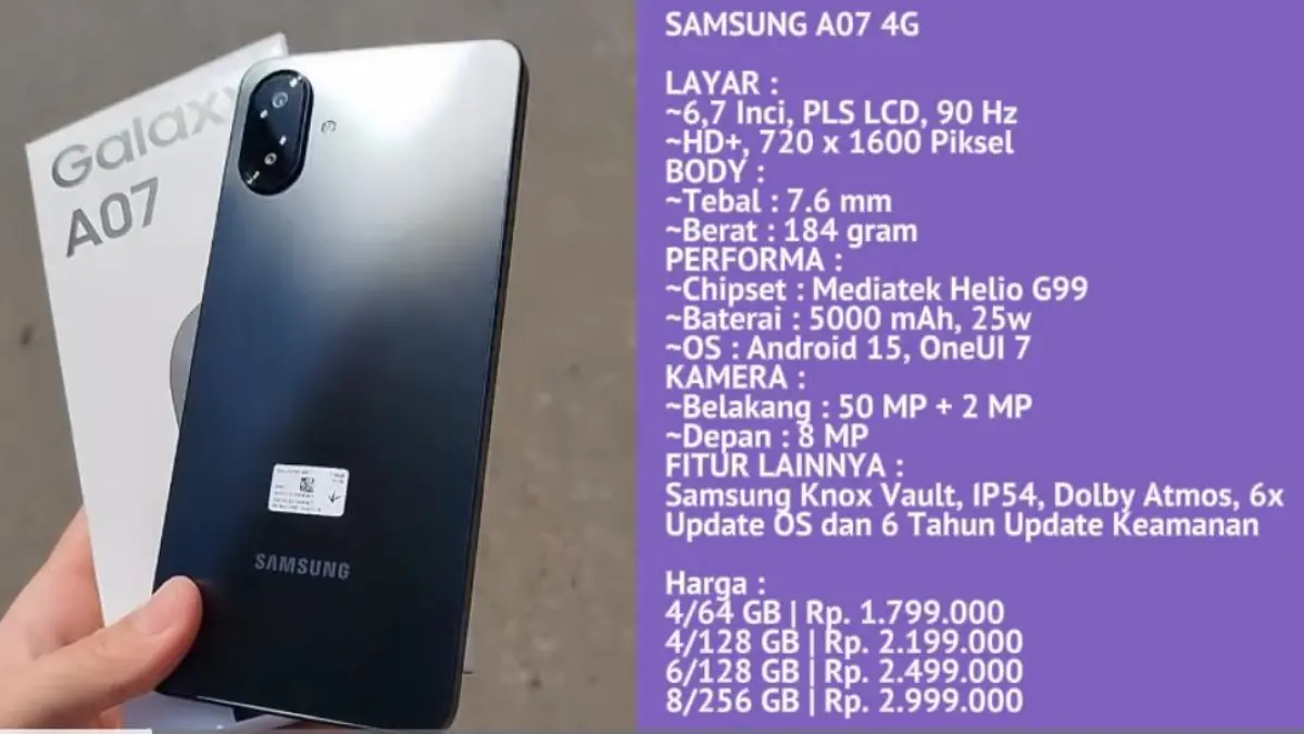 Harga Samsung A Series terbaru kembali berubah. Simak daftar Galaxy A07 hingga A57 5G lengkap dengan spesifikasi dan harganya.(screenshot youtube)
