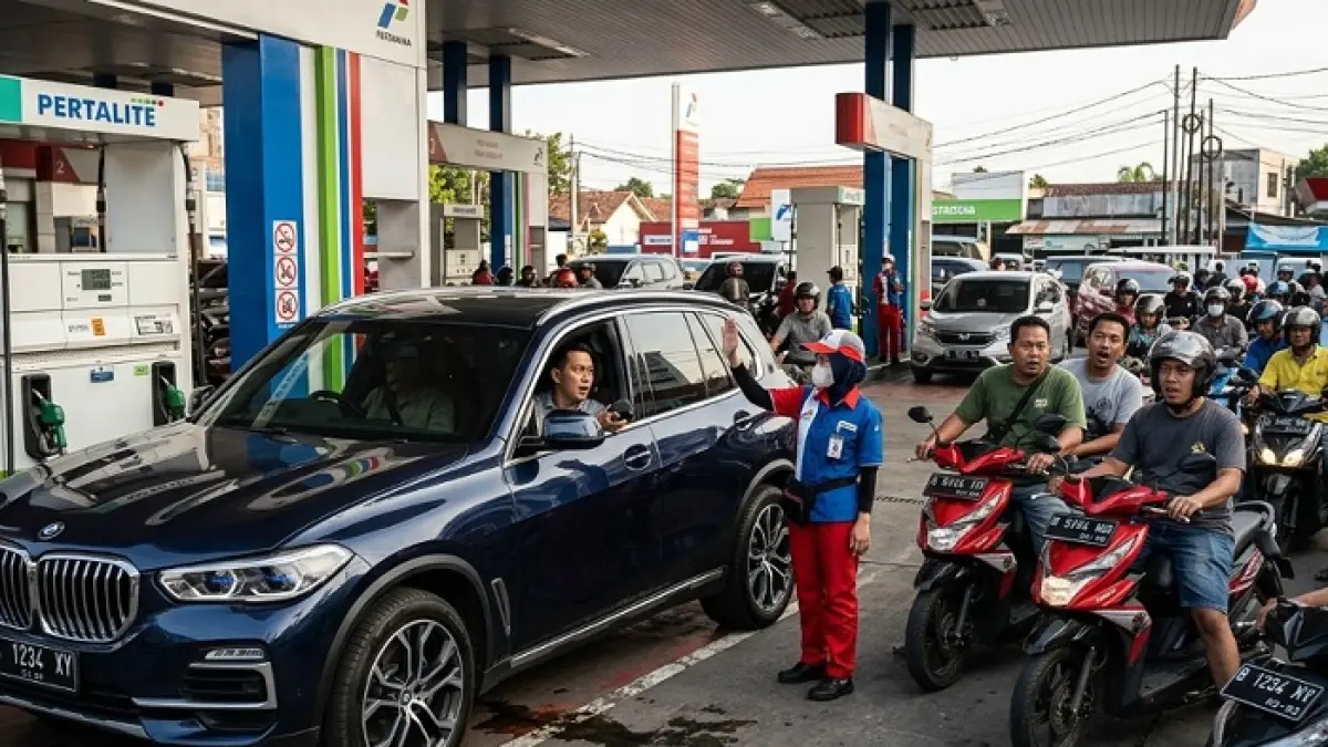 Mobil di atas 1400 cc dilarang beli Pertalite mulai 1 Juni 2026? Pertamina buka suara soal daftar mobil viral di TikTok. (Ilustrasi Gemini AI)