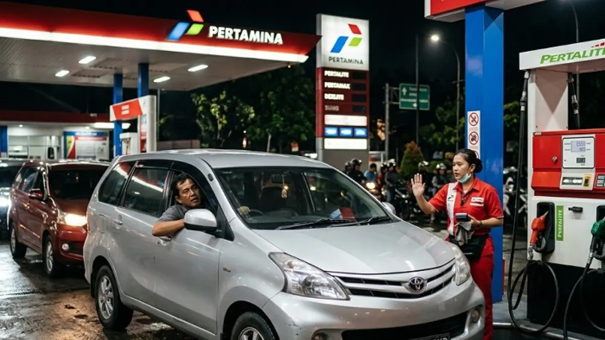 Pertalite mobil 1400 cc dilarang mulai 1 Juni 2026 dipastikan hoaks, Pertamina tegaskan belum ada aturan resmi. (Ilustrasi Gemini AI)