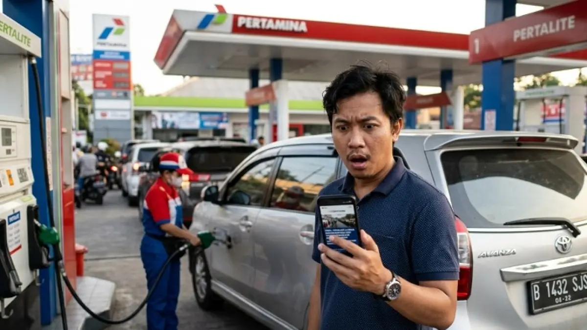 Pertalite untuk mobil 1400 cc dikabarkan dilarang mulai 1 Juni 2026, Pertamina buka suara soal aturan BBM subsidi. (Ilustrasi Gemini AI)