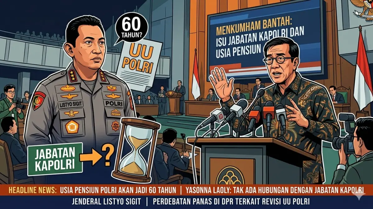 Usia pensiun Polri diusulkan jadi 60 tahun dalam revisi UU Polri. Pemerintah bantah aturan ini demi perpanjang jabatan Kapolri.