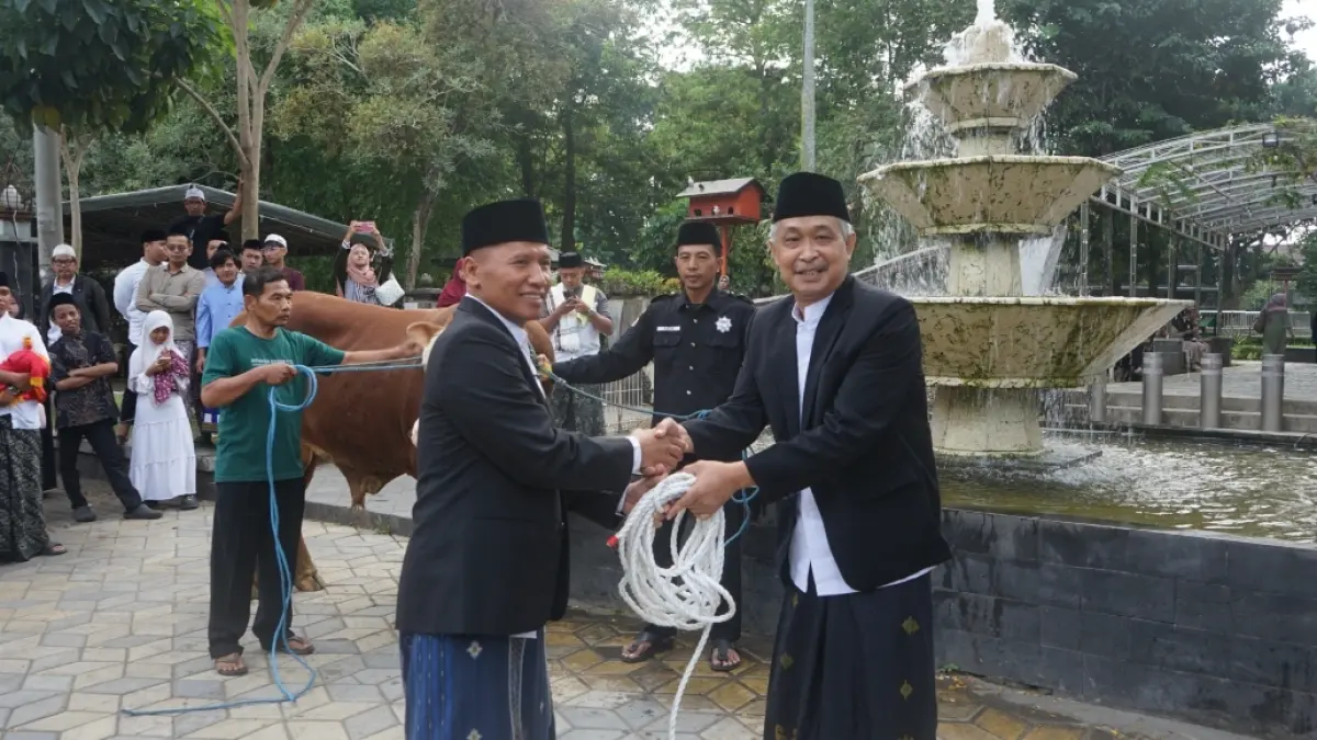 Secara simbolis, Plt Bupati Tulungagung Ahmad Baharudin menyerahkan hewan kurban, Rabu 27 Mei 2026. (SANDY YUWANA/RADAR TULUNGAGUNG)