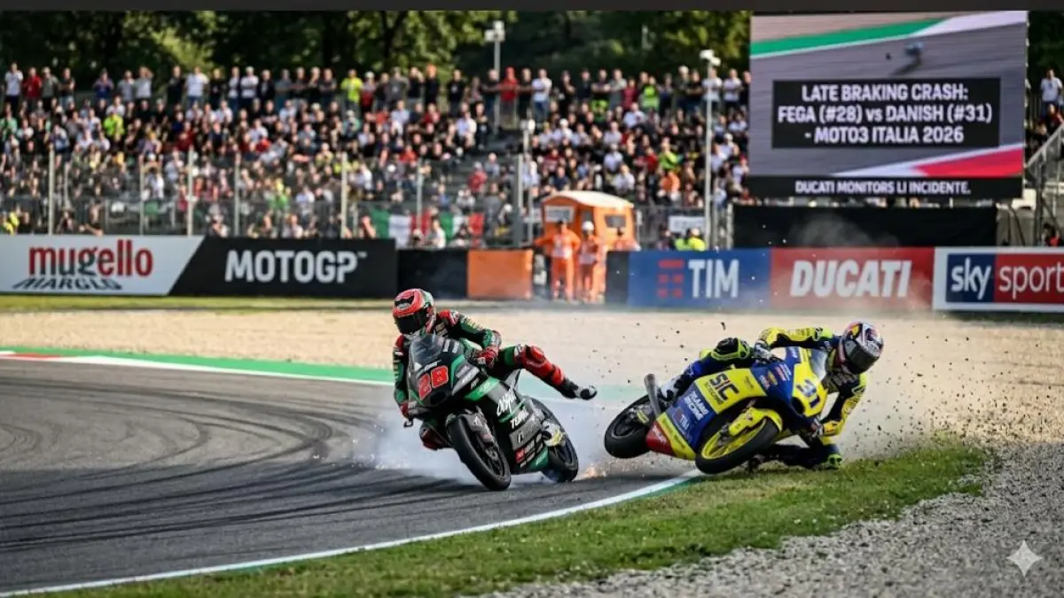 Feda Ega Pratama bikin Hakim Danish crash di Mugello. Aksi late braking Moto3 Italia 2026 disebut dipantau Ducati.(gemini ai)